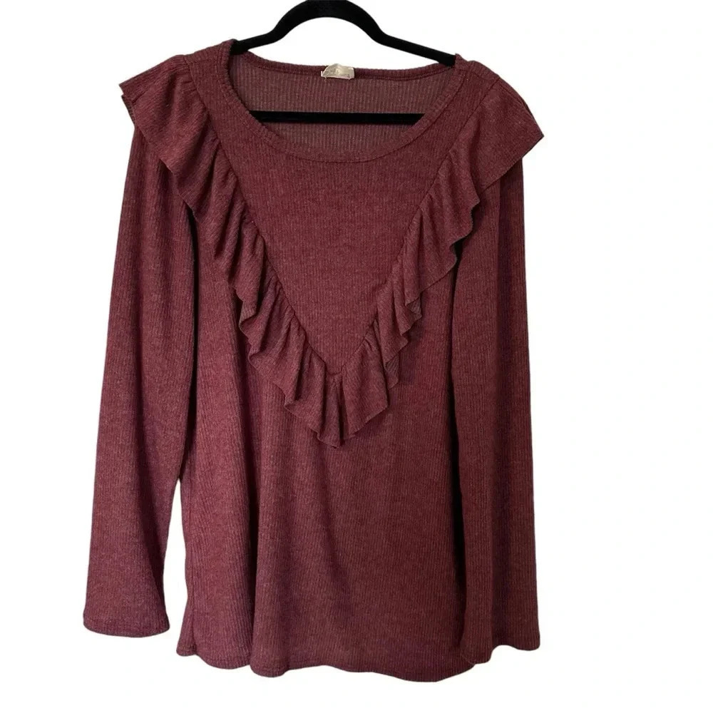 Lovely Melody Women’s Round Neck Long Sleeve Ruffle Ribbed Sweater Sz 2XL GUC